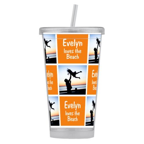Personalized tumbler personalized with a photo and the saying "Evelyn loves the Beach" in juicy orange and white