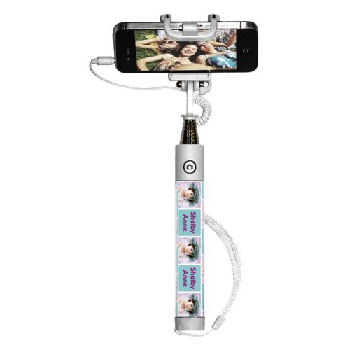 Personalized selfie stick personalized with a photo and the saying "Shelby Anne" in dream on - plum and blizzard blue