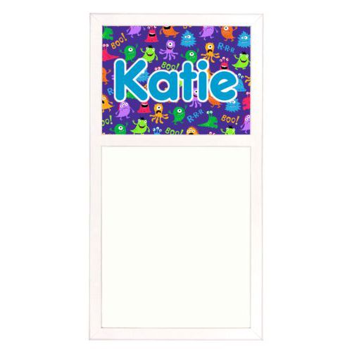 Personalized white board personalized with monsters pattern and the saying "Katie"