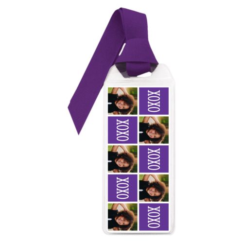 Personalized book mark personalized with a photo and the saying "xoxo" in purple and white