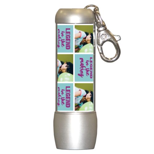 Personalized flashlight personalized with a photo and the saying "Legend in the Making" in dream on - plum and blizzard blue