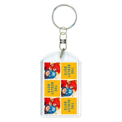 Personalized keychain personalized with a photo and the saying "The Begley Boys" in blue and gold