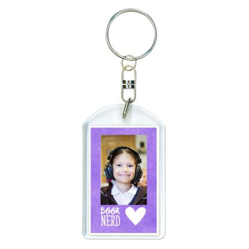 Personalized keychain personalized with purple chalk pattern and photo and the sayings "book nerd" and "Heart"