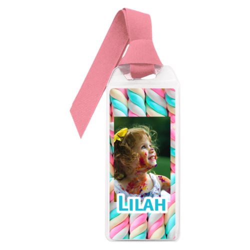 Personalized book mark personalized with sweets twist pattern and photo and the saying "Lilah"