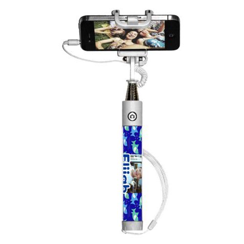 Personalized selfie stick personalized with sharks pattern and photo and the saying "Elijah"