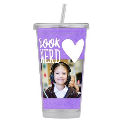 Personalized tumbler personalized with purple chalk pattern and photo and the sayings "book nerd" and "Heart"