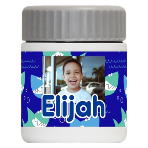 Personalized 12oz food jar personalized with sharks pattern and photo and the saying "Elijah"