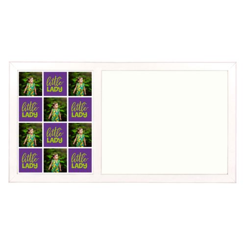 Personalized white board personalized with a photo and the saying "little lady" in juicy green and amethyst purple