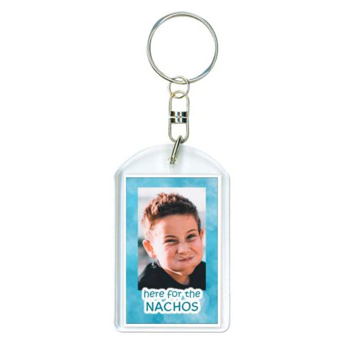 Personalized keychain personalized with teal cloud pattern and photo and the saying "here for the Nachos"