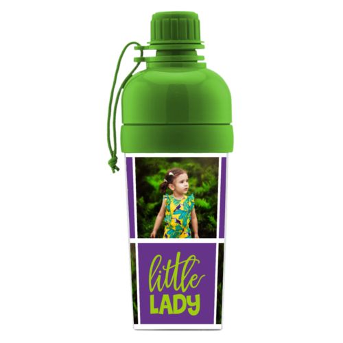 Water bottle for girls personalized with a photo and the saying "little lady" in juicy green and amethyst purple