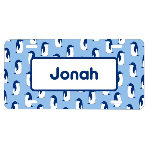 Custom license plate personalized with penguins pattern and name in blue