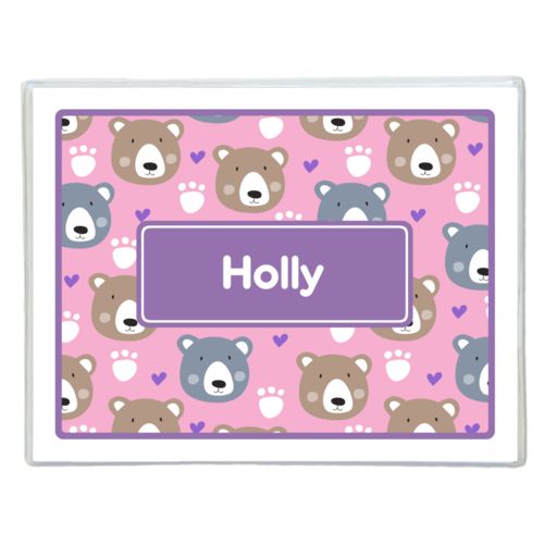 Personalized note cards personalized with bears pattern and name in grape purple