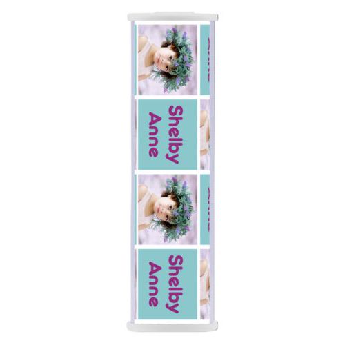 Personalized backup phone charger personalized with a photo and the saying "Shelby Anne" in dream on - plum and blizzard blue