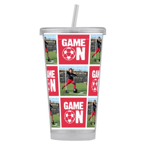 Personalized tumbler personalized with a photo and the saying "Game On" in cherry red and white