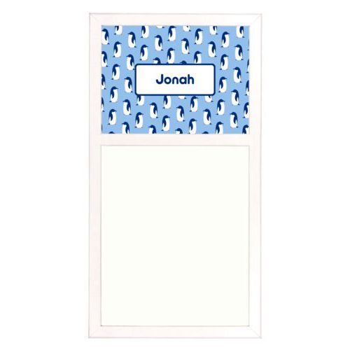 Personalized white board personalized with penguins pattern and name in blue