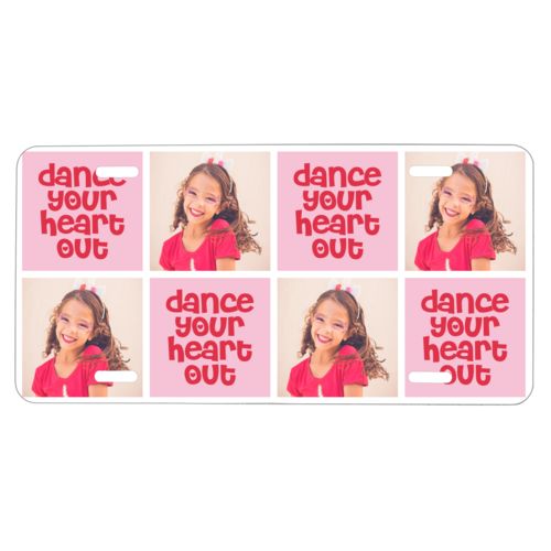 Custom plate personalized with a photo and the saying "dance your heart out" in cherry red and rosy cheeks pink