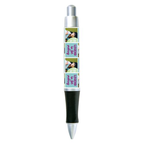 Personalized pen personalized with a photo and the saying "Legend in the Making" in dream on - plum and blizzard blue