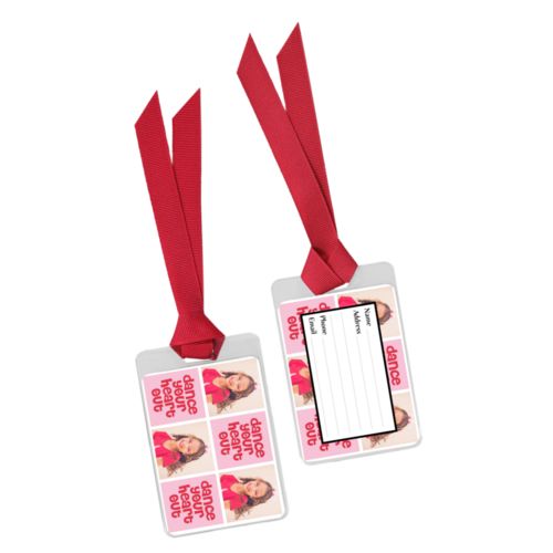Personalized bag tag personalized with a photo and the saying "dance your heart out" in cherry red and rosy cheeks pink