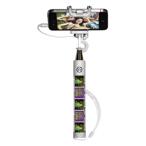 Personalized selfie stick personalized with a photo and the saying "little lady" in juicy green and amethyst purple