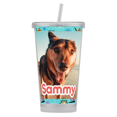 Personalized tumbler personalized with bugs dragonfly pattern and photo and the saying "Sammy"