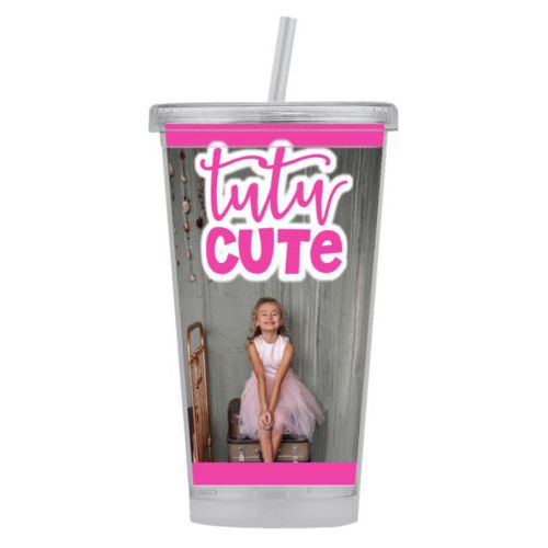 Personalized tumbler personalized with photo and the saying "tutu cute"