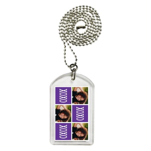 Personalized dog tag personalized with a photo and the saying "xoxo" in purple and white