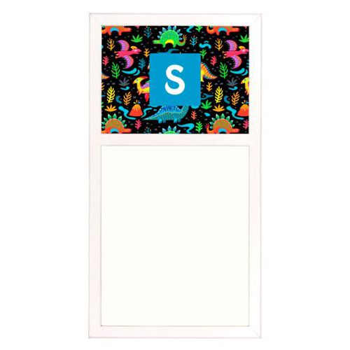 Personalized white board personalized with dinos pattern and initial in caribbean blue