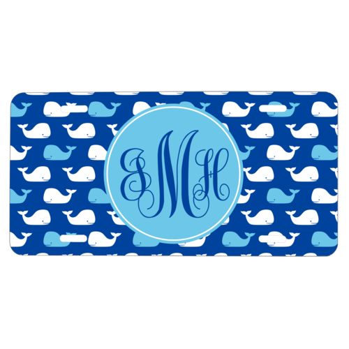 Personalized license plate personalized with whales pattern and monogram in ultramarine