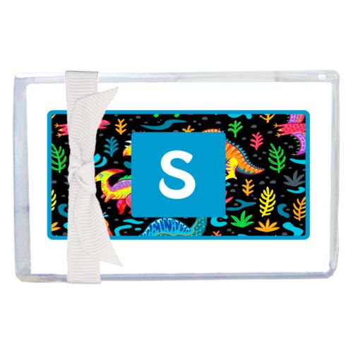 Personalized enclosure cards personalized with dinos pattern and initial in caribbean blue