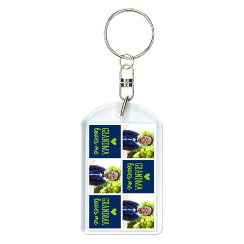 Personalized keychain personalized with a photo and the saying "Grandma loves me" in juicy green and navy blue