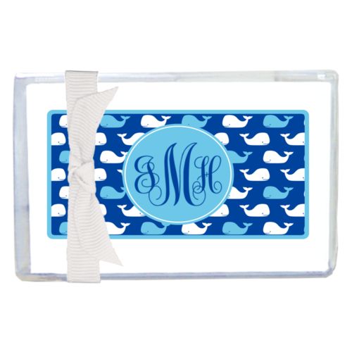 Personalized enclosure cards personalized with whales pattern and monogram in ultramarine