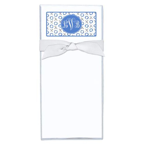 Personalized note sheets personalized with hugs pattern and monogram in winter blue and silver