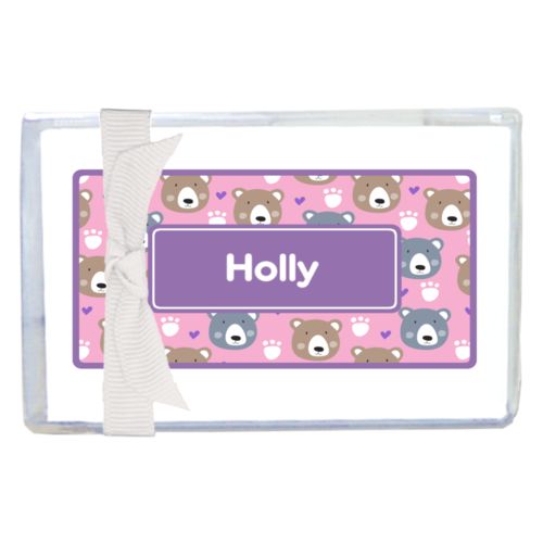 Personalized enclosure cards personalized with bears pattern and name in grape purple