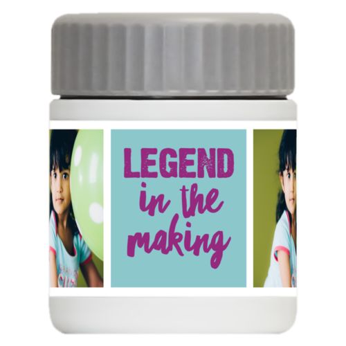 Personalized 12oz food jar personalized with a photo and the saying "Legend in the Making" in dream on - plum and blizzard blue