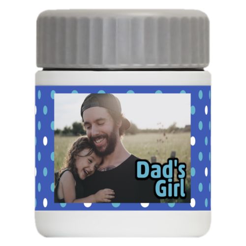 Personalized 12oz food jar personalized with small dots pattern and photo and the saying "Dad's Girl"