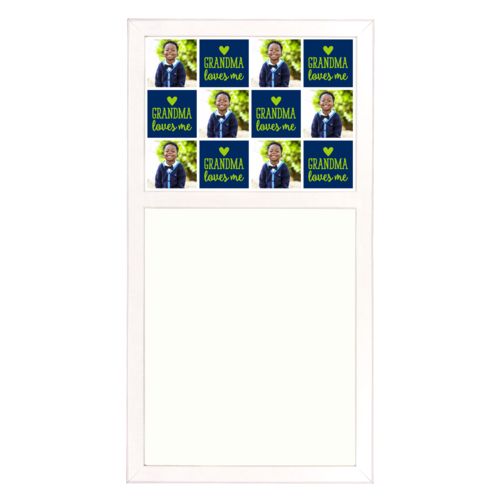Personalized white board personalized with a photo and the saying "Grandma loves me" in juicy green and navy blue