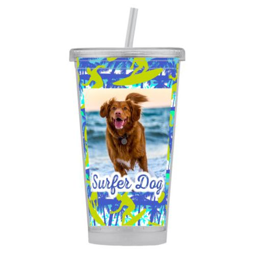Personalized tumbler personalized with sup pattern and photo and the saying "Surfer Dog"
