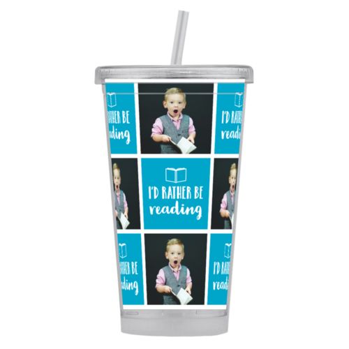 Personalized tumbler personalized with a photo and the saying "I'd Rather be Reading" in juicy blue and white