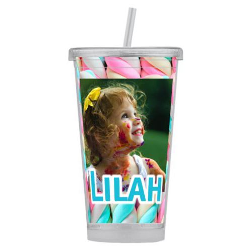 Personalized tumbler personalized with sweets twist pattern and photo and the saying "Lilah"
