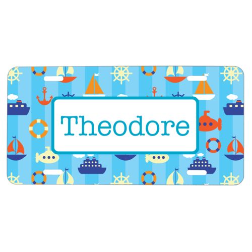 Custom license plate personalized with submarine pattern and name in teal
