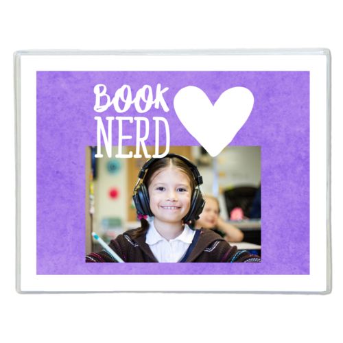 Personalized note cards personalized with purple chalk pattern and photo and the sayings "book nerd" and "Heart"