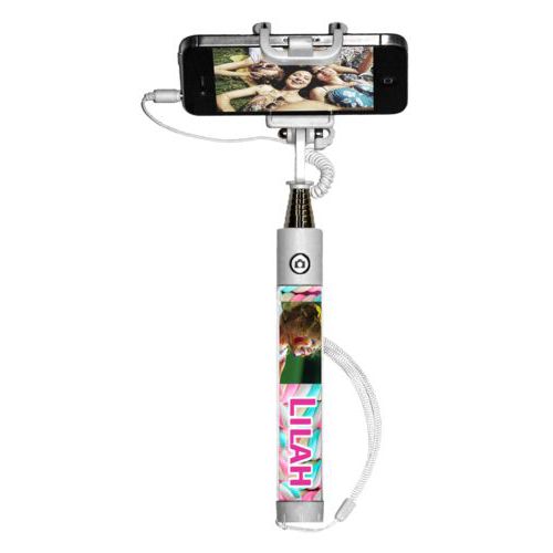 Personalized selfie stick personalized with sweets twist pattern and photo and the saying "Lilah"