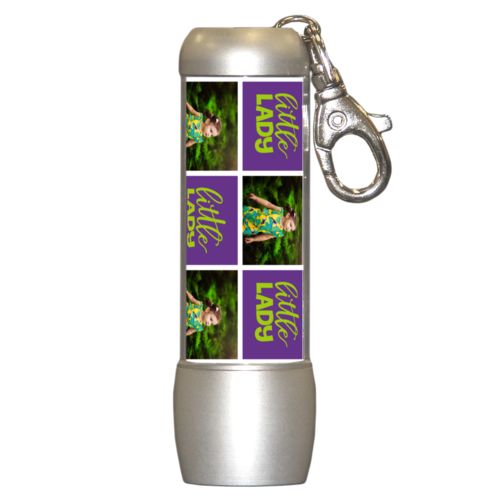 Personalized flashlight personalized with a photo and the saying "little lady" in juicy green and amethyst purple