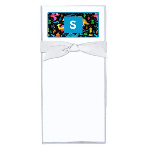 Personalized note sheets personalized with dinos pattern and initial in caribbean blue