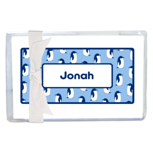 Personalized enclosure cards personalized with penguins pattern and name in blue