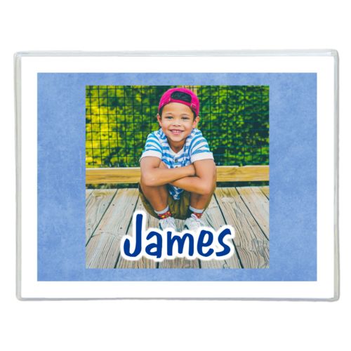 Personalized note cards personalized with blue chalk pattern and photo and the saying "James"