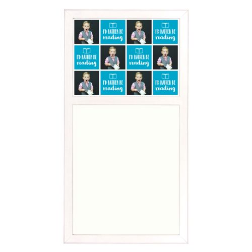 Personalized white board personalized with a photo and the saying "I'd Rather be Reading" in juicy blue and white