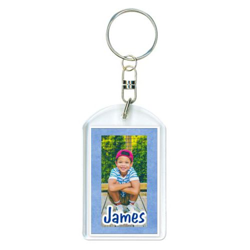 Personalized plastic keychain personalized with blue chalk pattern and photo and the saying "James"