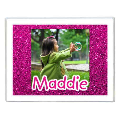 Personalized note cards personalized with pink glitter pattern and photo and the saying "Maddie"
