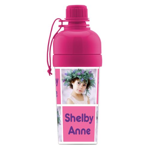 Kids water bottle personalized with a photo and the saying "Shelby Anne" in dream on - plum and blizzard blue